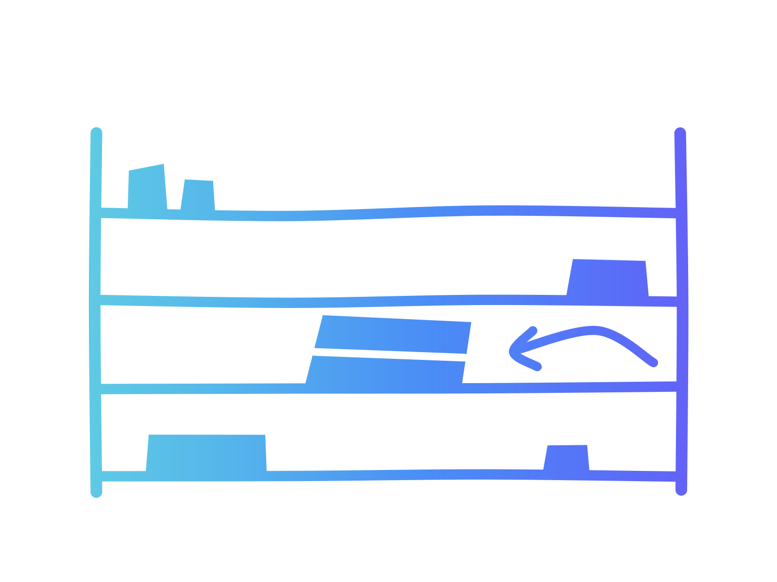 Gradient cut-paper shelving unit with four shelves and a box being slid onto the third, standing for sorting a business's AI uses onto the EU AI Act's four shelves.
