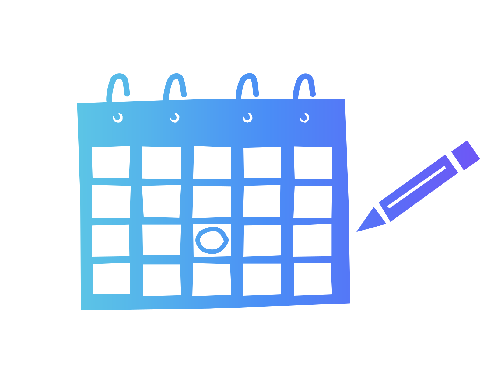 A cut-paper wall calendar in a turquoise-to-violet gradient with one day circled and a pencil beside it, standing for an AI plan where every line names a job, a person and a date.