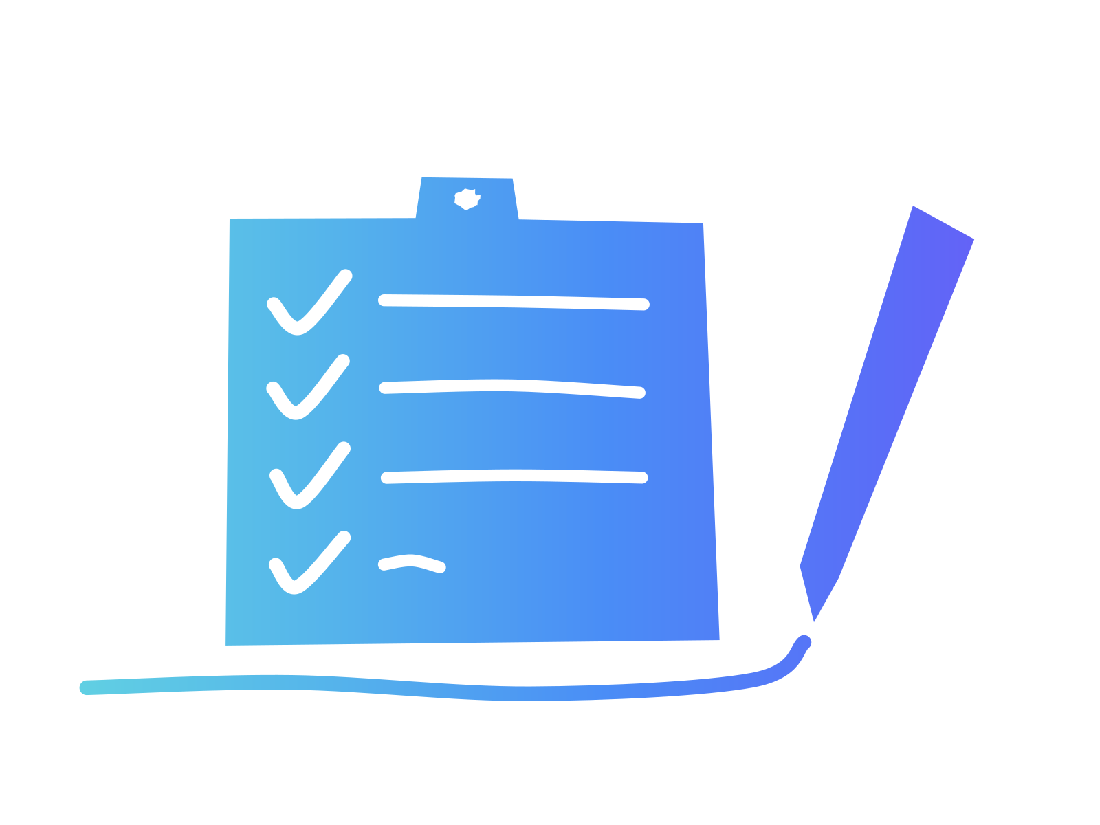 A cut-paper clipboard in a turquoise-to-violet gradient with three ticked lines and a fourth still being written, a pencil beside it, standing for a clear brief written before AI starts the work.