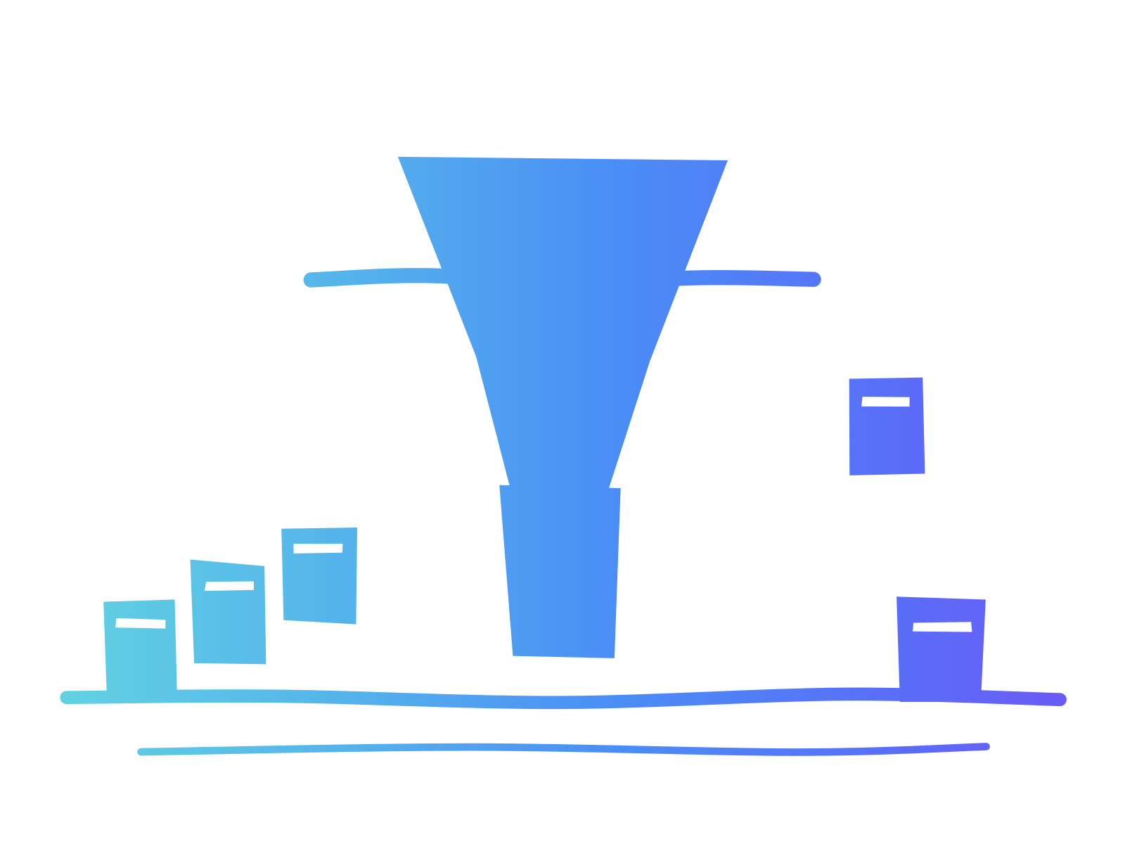 Cut-paper funnel on a long horizontal line with small cards queuing on the left and one card passing out on the right, in a turquoise to violet gradient on white