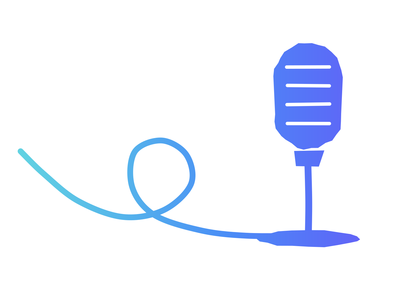 A gradient cut-paper stage microphone on a stand, its long cable sweeping in one loop across the image, standing for a keynote whose real work continues after the talk.