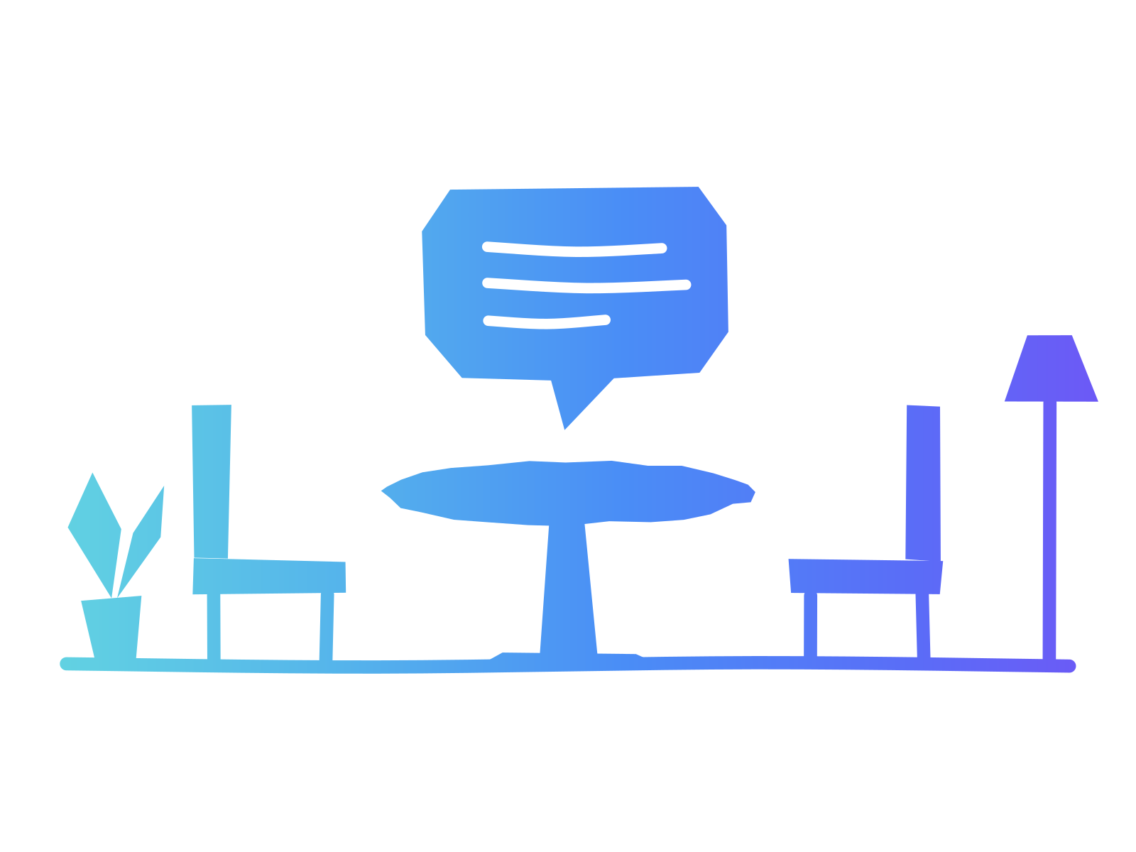 A round table with a speech bubble above it, a chair on each side, a plant and a floor lamp, standing for a weekly team conversation about AI.