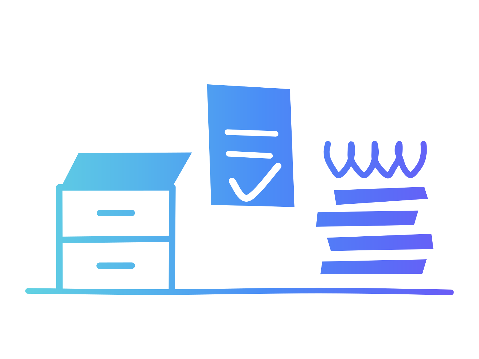 A hand-drawn filing cabinet with an open drawer, a single checked page rising beside it and a crooked stack of loose sheets, standing for choosing one right document.