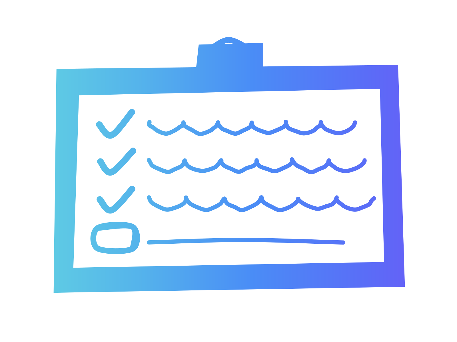 A gradient cut-paper clipboard holding a white page with three ticked lines of writing and a fourth line left as an empty box beside a bare rule, standing for an AI policy whose last clauses only the business itself can fill in.