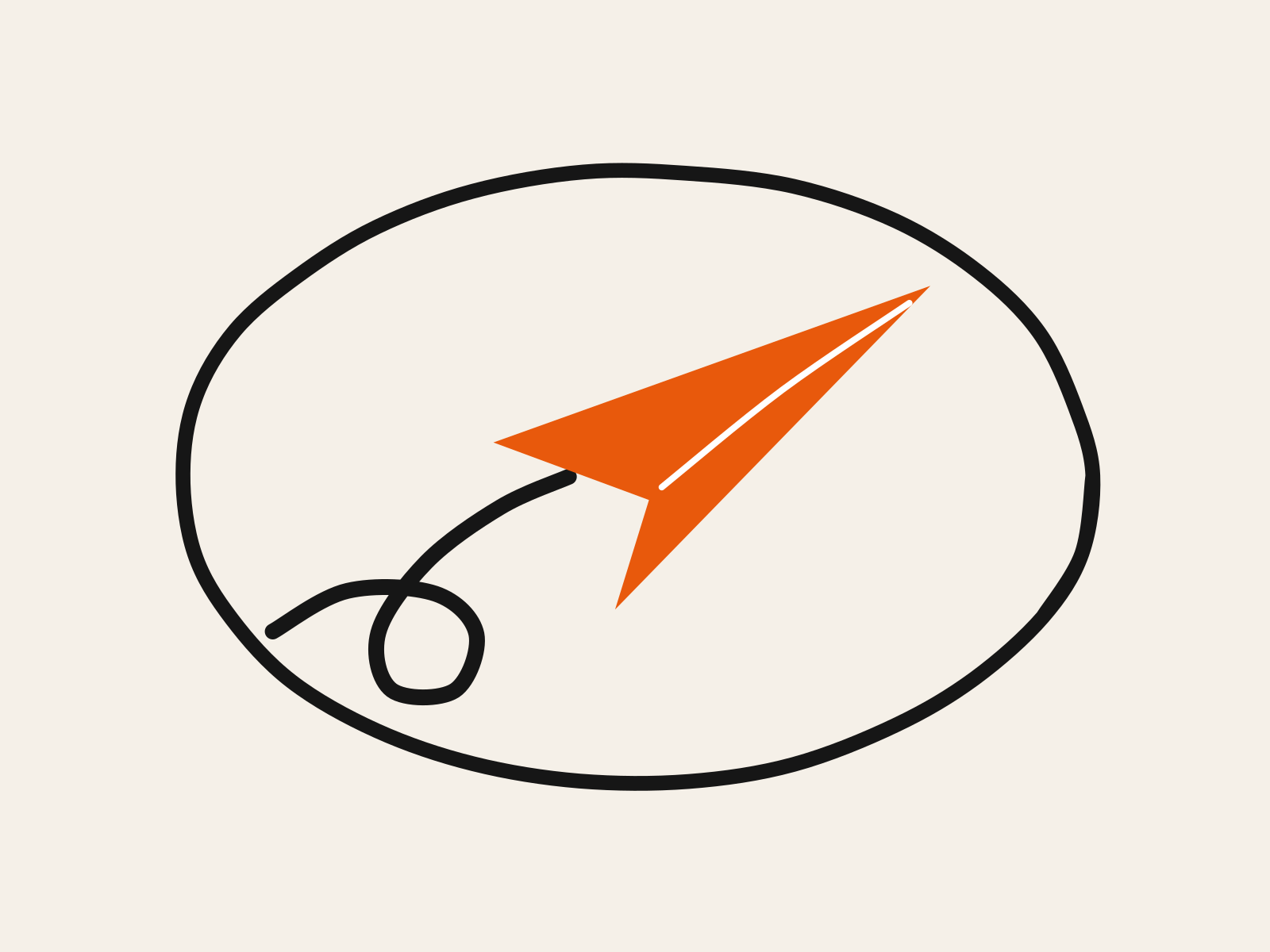 An orange cut-paper plane flying a looping black route inside a hand-drawn boundary line, standing for an AI agent acting on its own within limits a business sets.