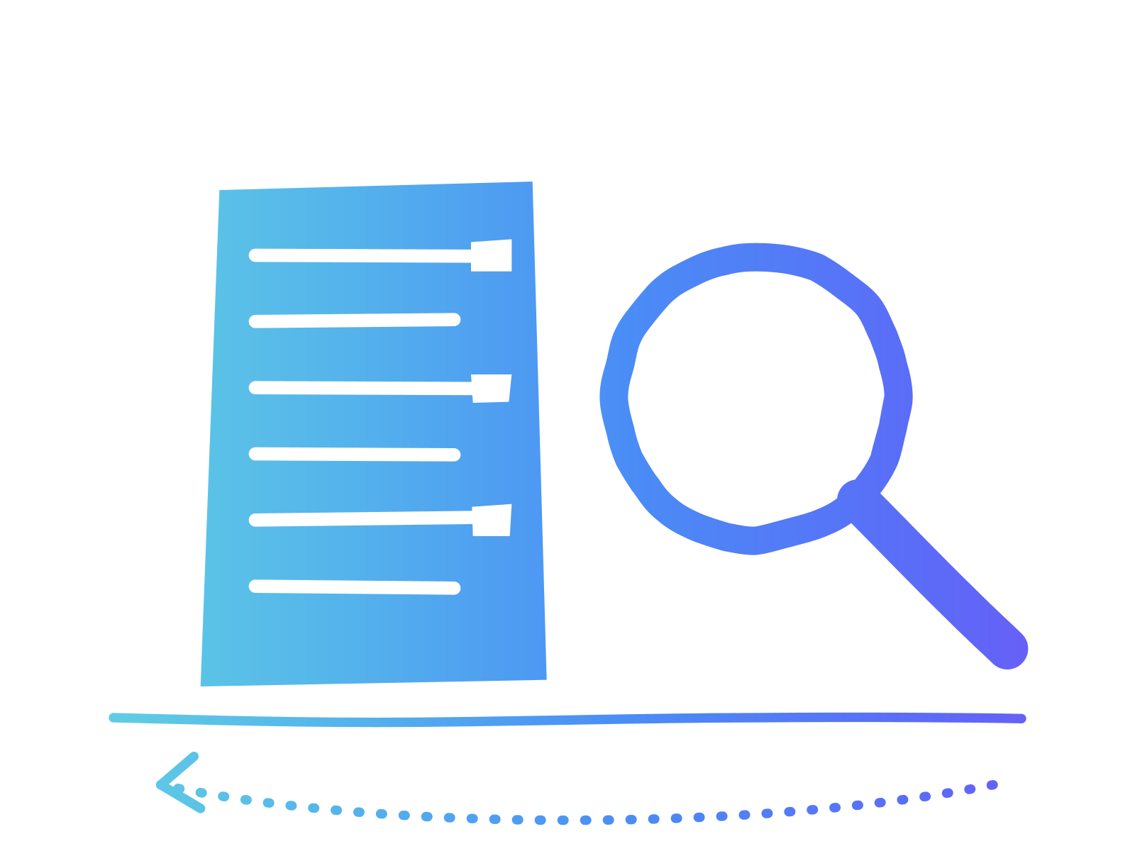 A tall sheet of paper with lines of text and three white marks beside a large magnifying glass, on a ground line, in a turquoise to violet gradient