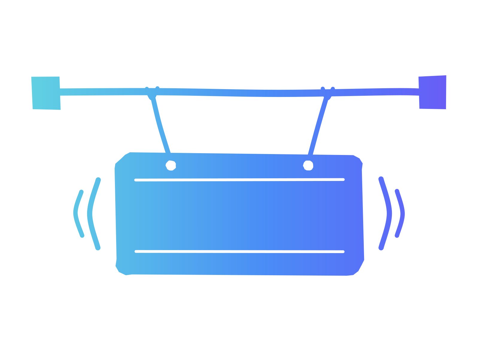 A gradient cut-paper hanging shop sign on two cords from a long rail, standing for a small business being open with customers about how it uses AI.