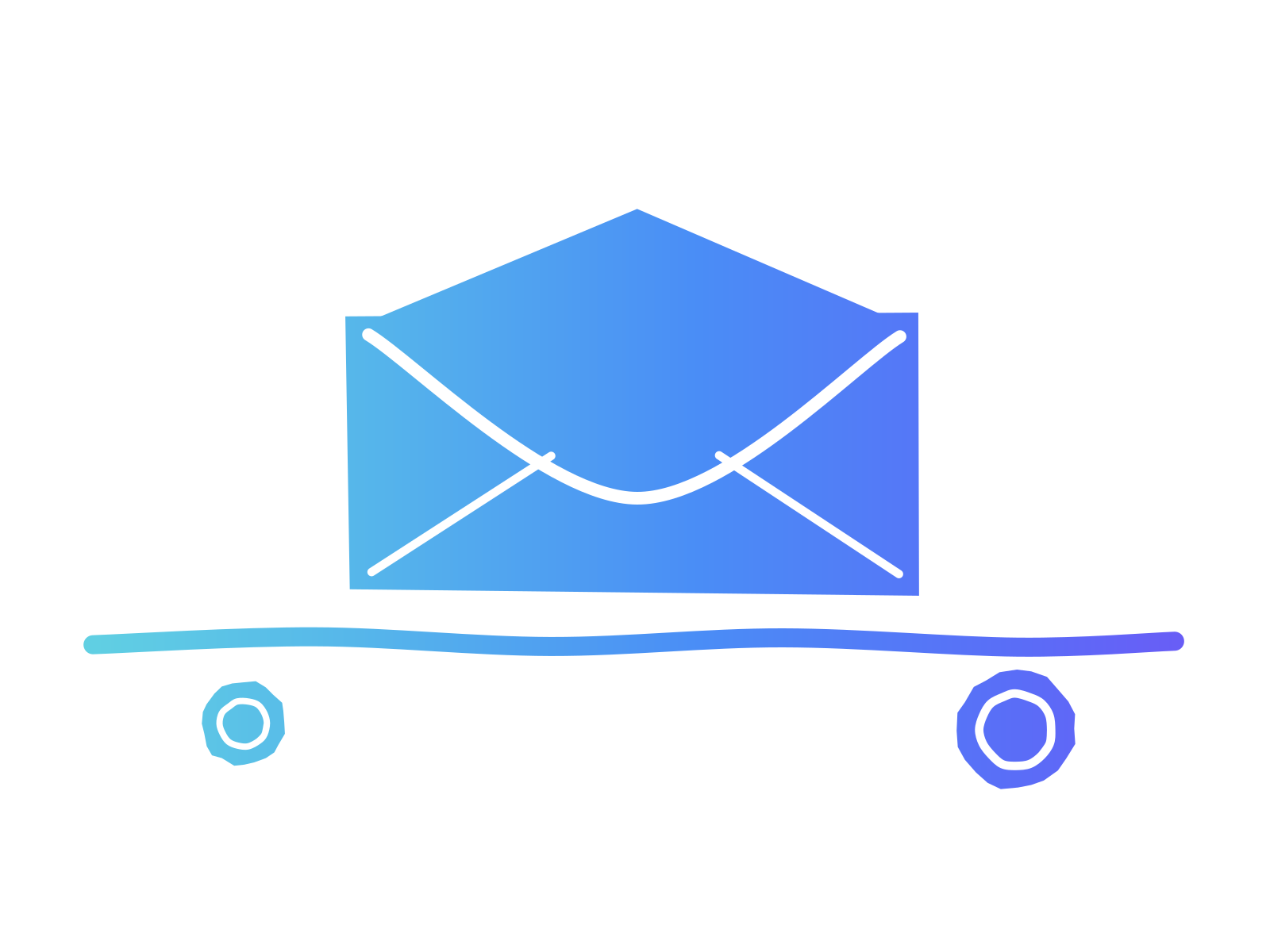 Gradient cut-paper open envelope resting above one long hand-drawn line, with two coins below it, standing for the line between the words AI can handle and the money a person must check.