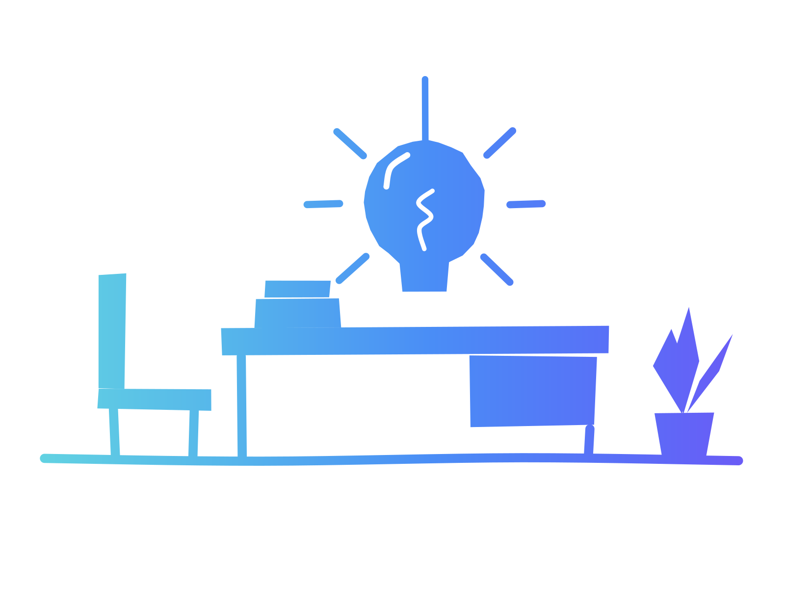 A desk with a stack of papers, an empty chair beside it, a lightbulb hanging above and a plant, standing for rethinking a vacant role before refilling it.