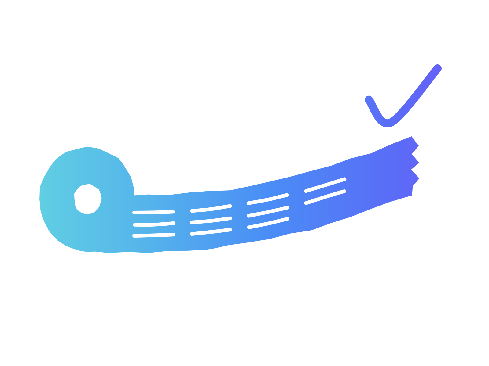 A cut-paper till roll in a turquoise-to-violet gradient unspooling into a long receipt with a check mark above its torn end, standing for backing every marketing claim with a receipt.