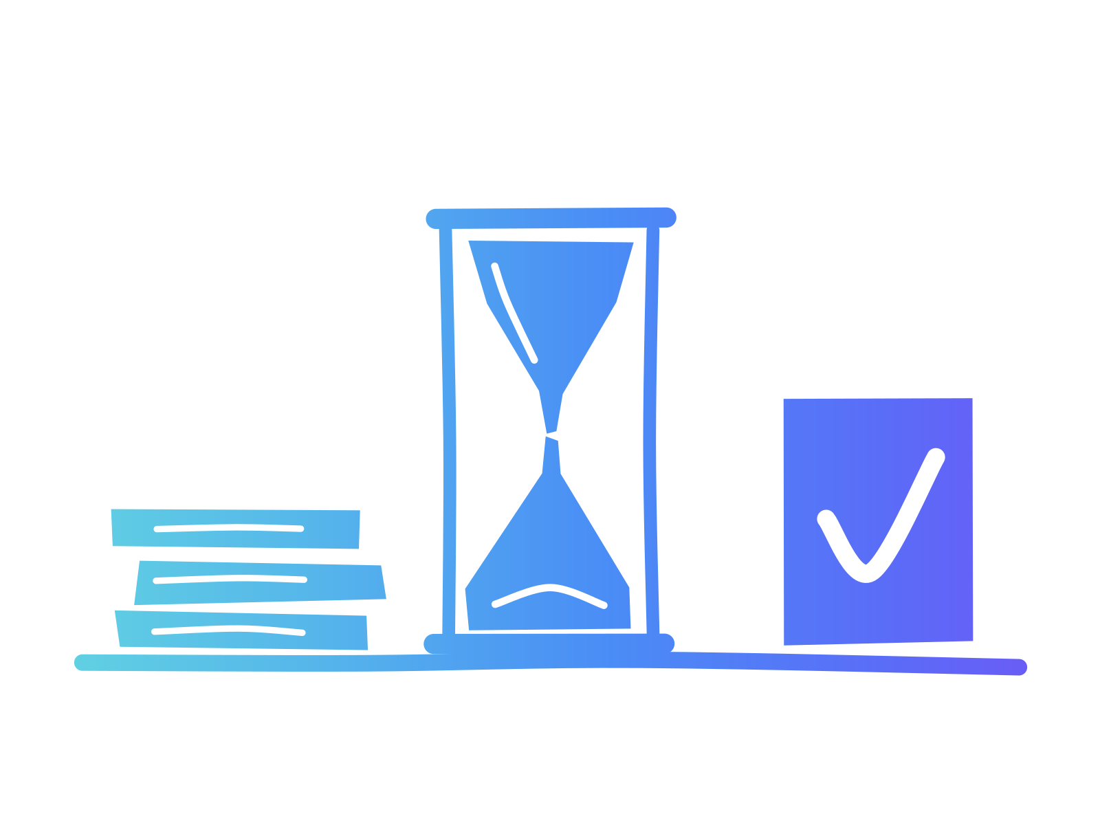 Cut-paper drawing in a turquoise to violet gradient: a stack of papers on the left, an hourglass in the middle and a ticked sheet on the right, standing for work that waits on an owner and is then cleared.
