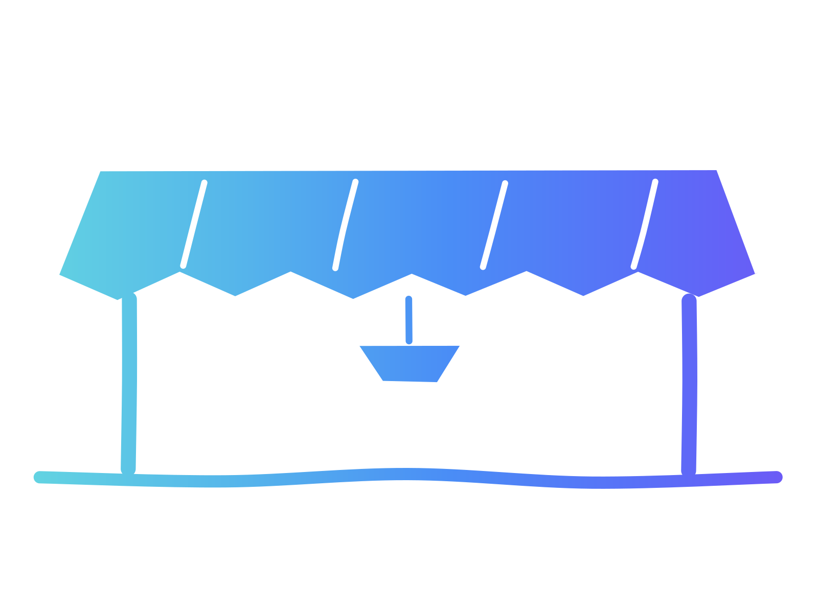 A gradient cut-paper shop awning over two posts with a small hanging lamp, standing for a family firm where each AI decision has a named owner.