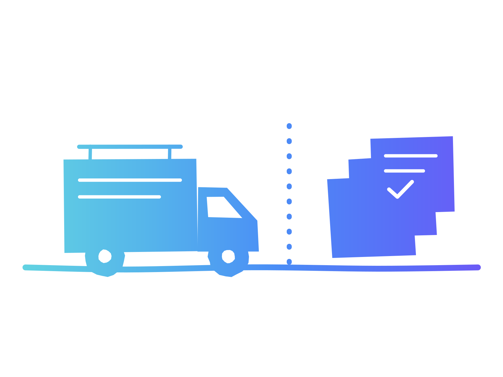 A delivery van with a roof rack on the left, a dotted vertical line, and a stack of three papers with a tick on the right, all in a turquoise-to-violet gradient
