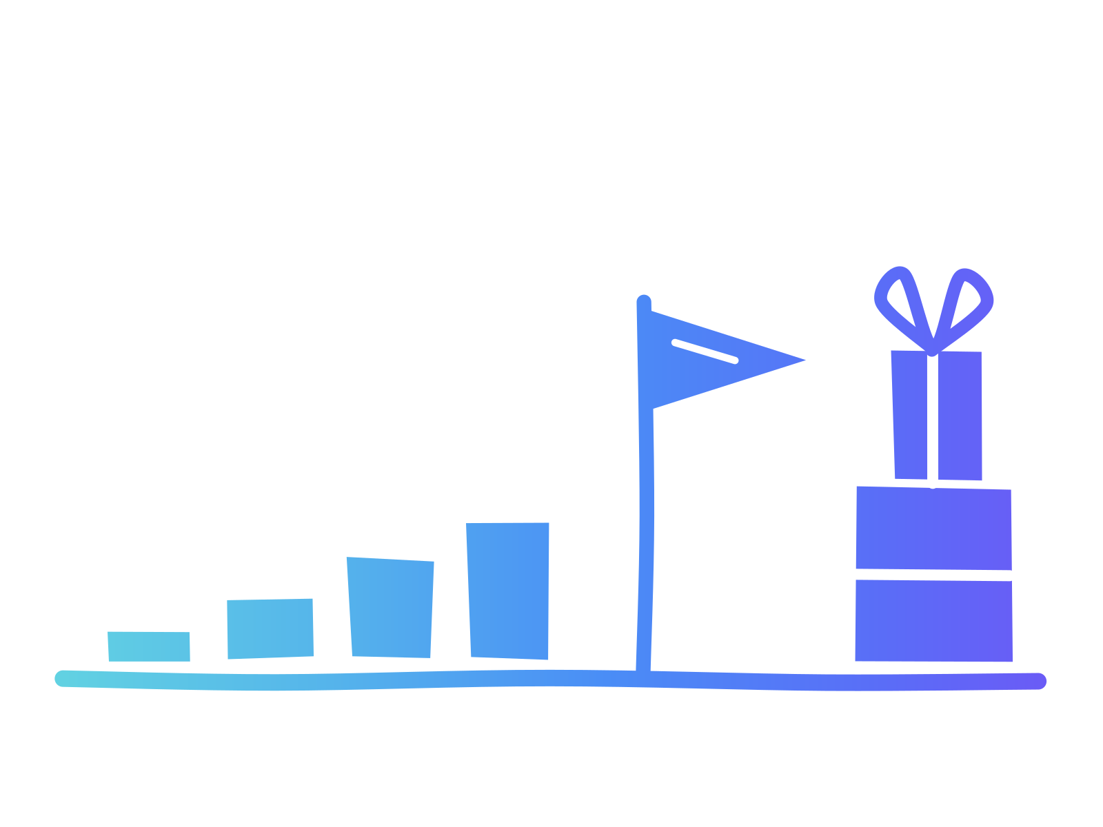 Cut-paper drawing in a turquoise to violet gradient: four rising steps on the left, a flag on a pole in the middle and a stack of gift boxes with a bow on the right, standing for a plan that ends at a freeze date before the holiday rush.