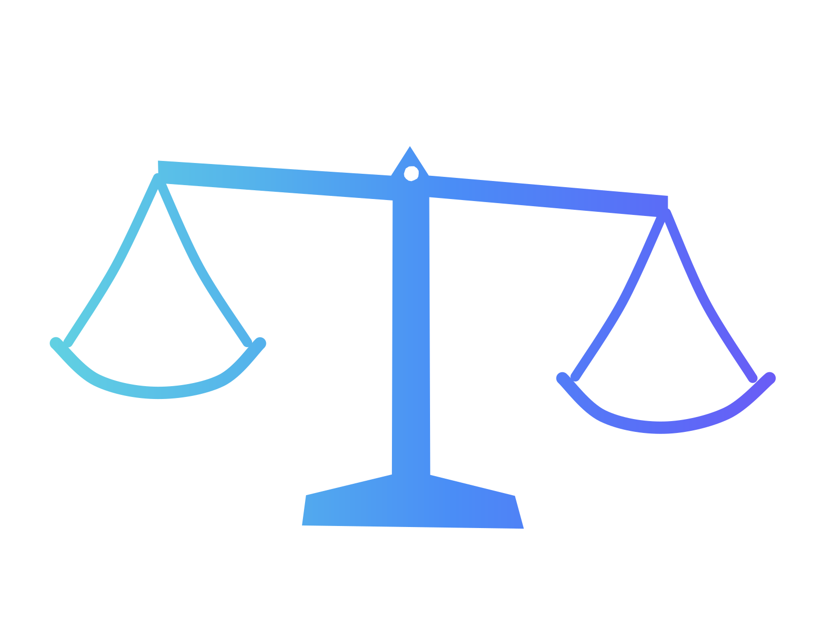 A hand-cut paper balance scale in a turquoise-to-violet gradient, one pan hanging lower than the other, standing for weighing a job before and after AI.