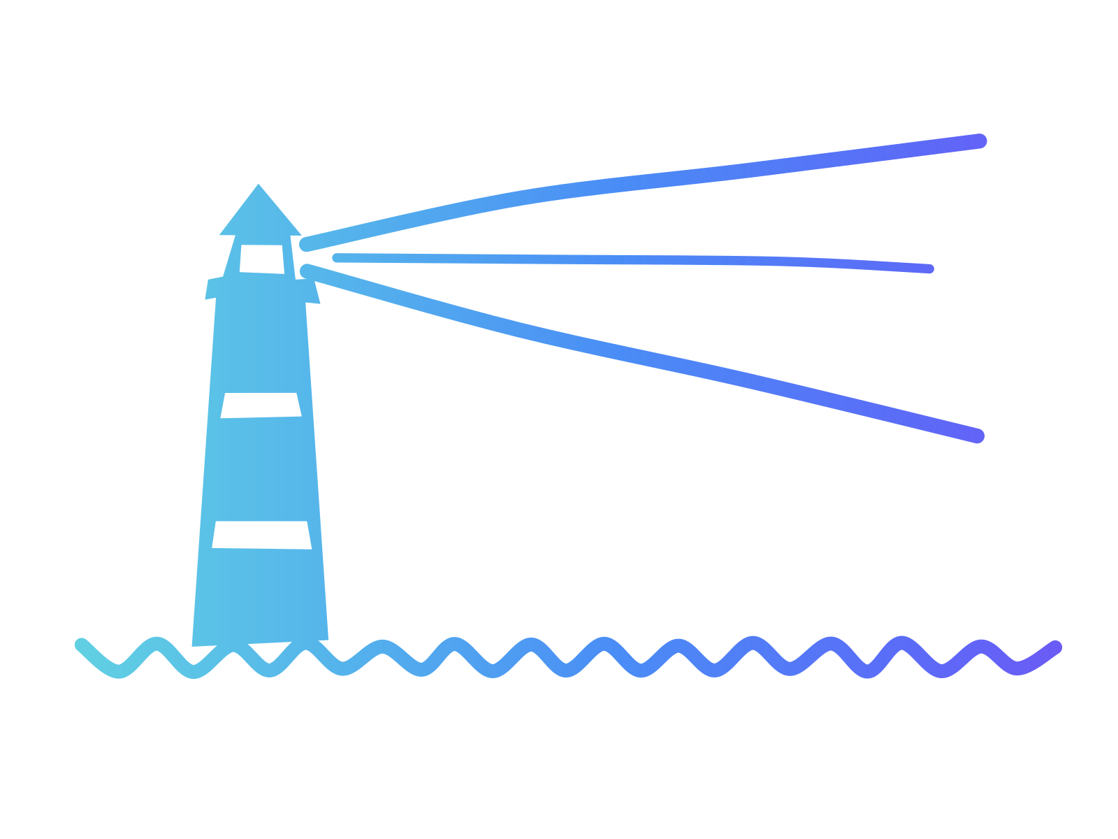 A lighthouse drawn in a turquoise-to-violet gradient sends a wide beam across the sea, standing for bringing hidden AI use at work into the light.