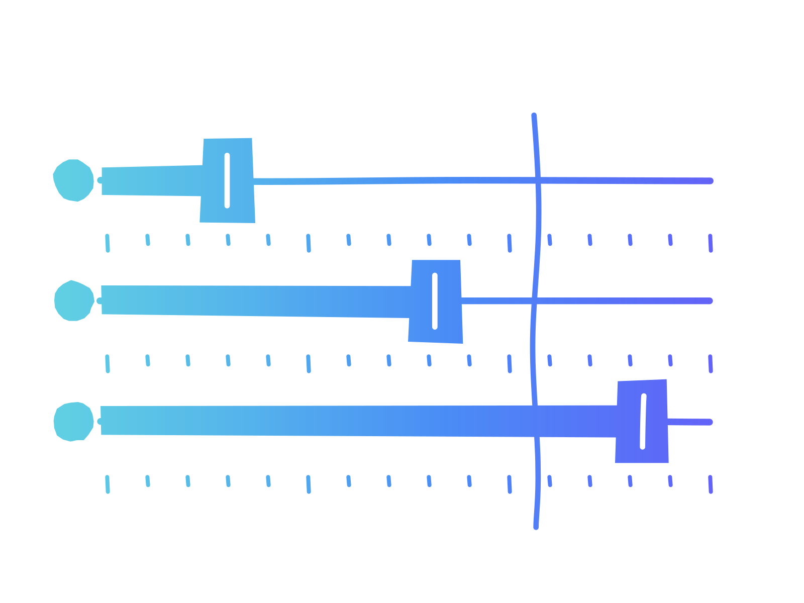 Gradient cut-paper picture of three slider controls set at rising levels, with a vertical line crossing the tracks, standing for the line between asking for a result and requiring a method