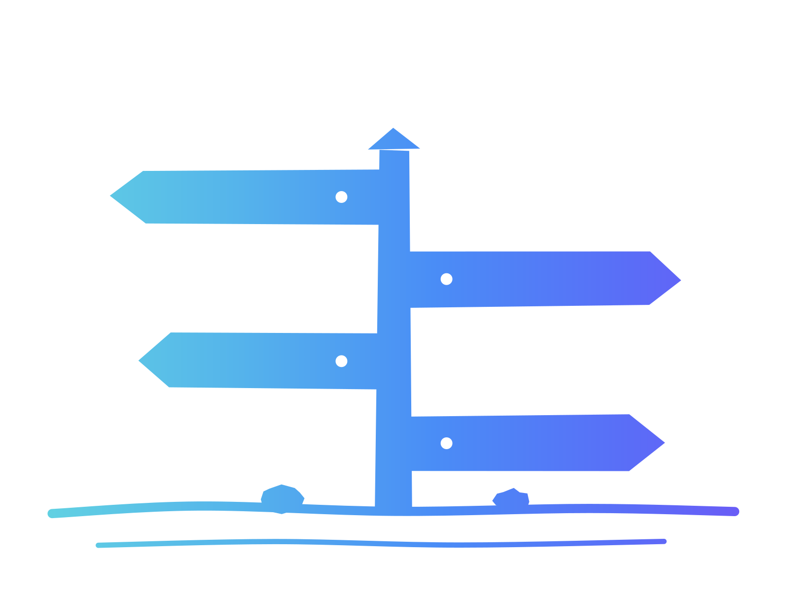 Cut-paper signpost with four arms pointing left and right, in a turquoise to violet gradient on white, standing on a ground line