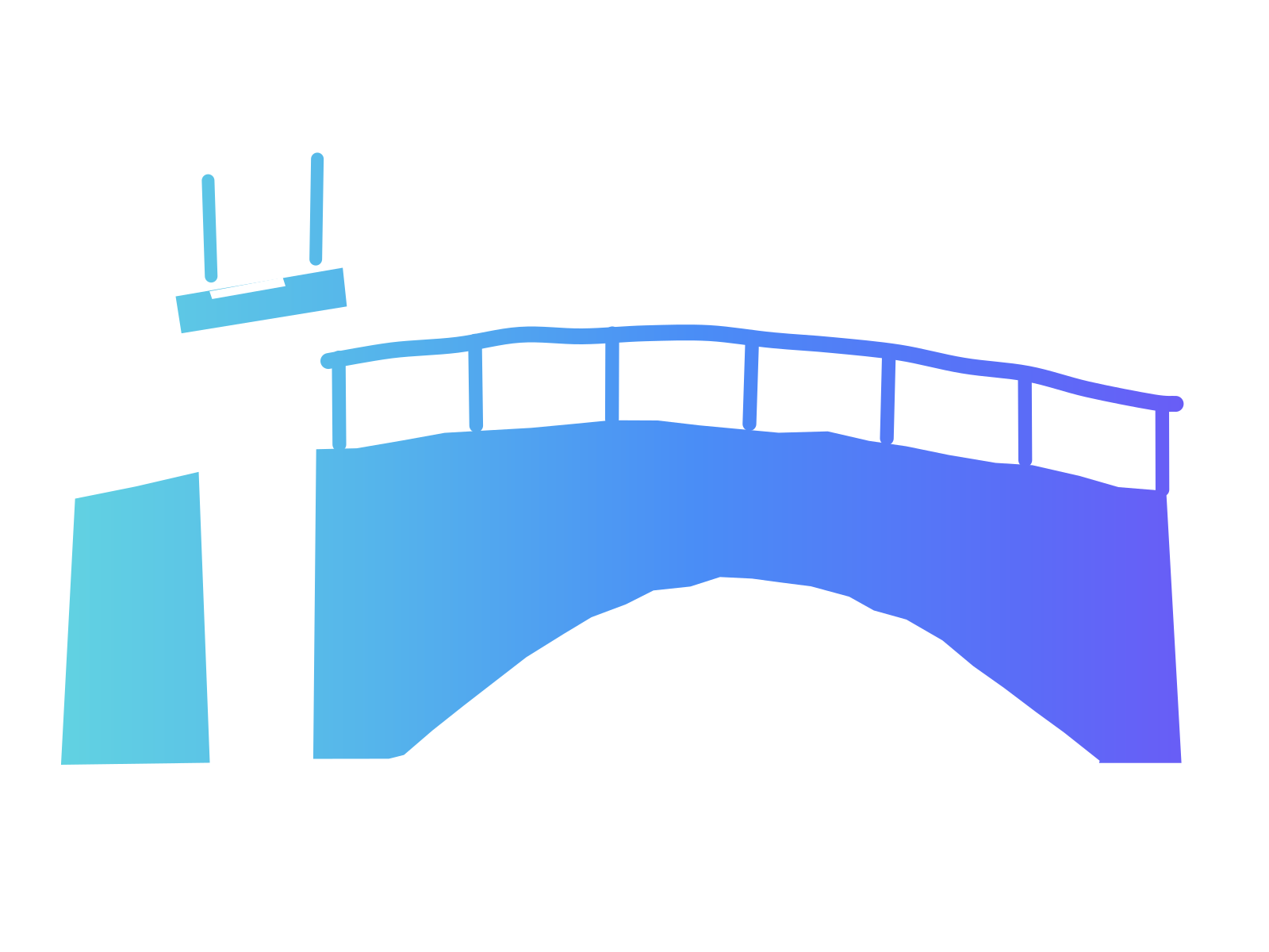 A cut-paper arched bridge in a turquoise-to-violet gradient with its first plank missing, the plank being lowered into the gap, standing for rebuilding the entry-level rung.