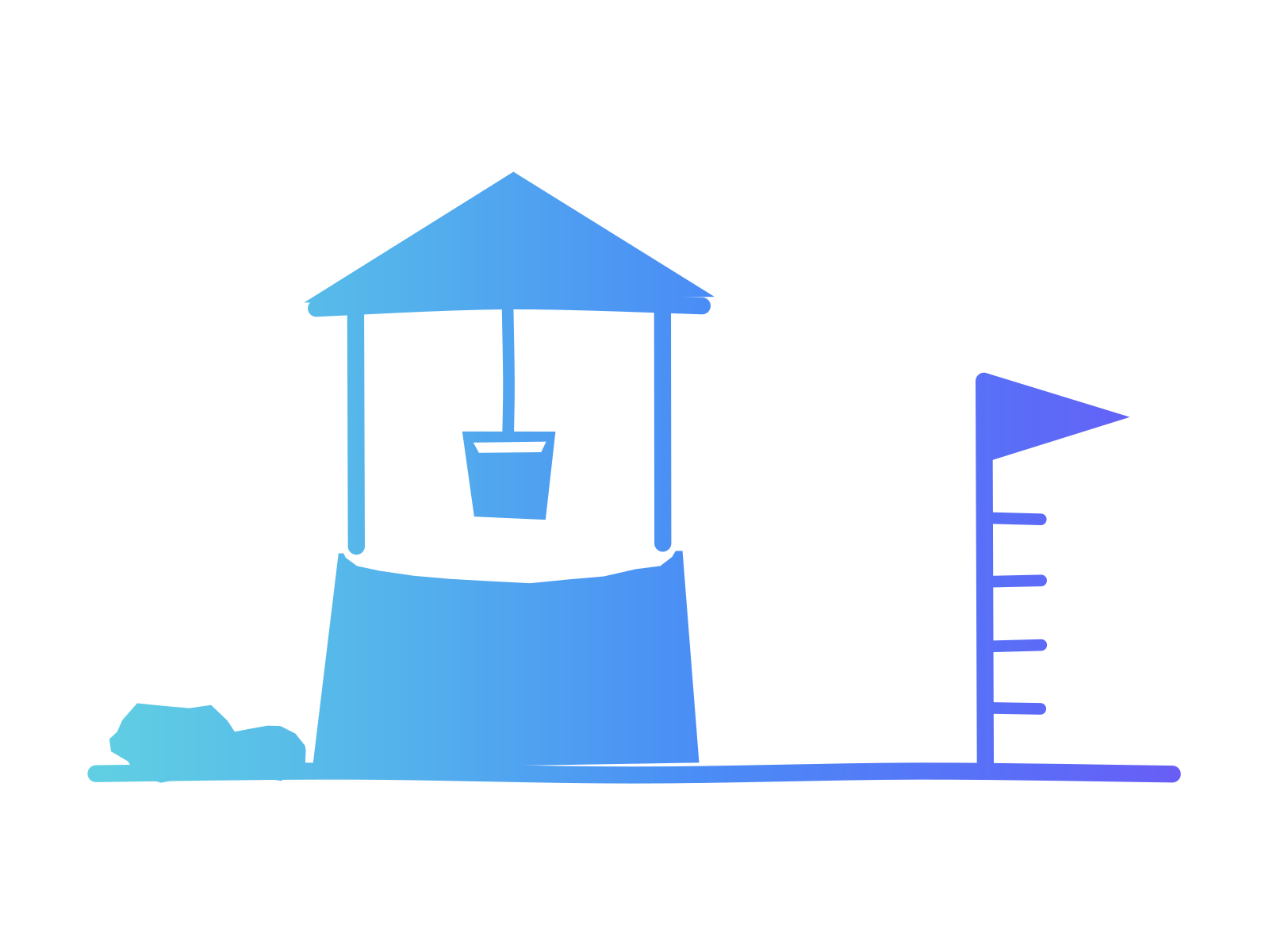 A gradient paper well with a roof and a hanging bucket beside a ruled depth pole, standing for measuring how deeply a team uses AI.