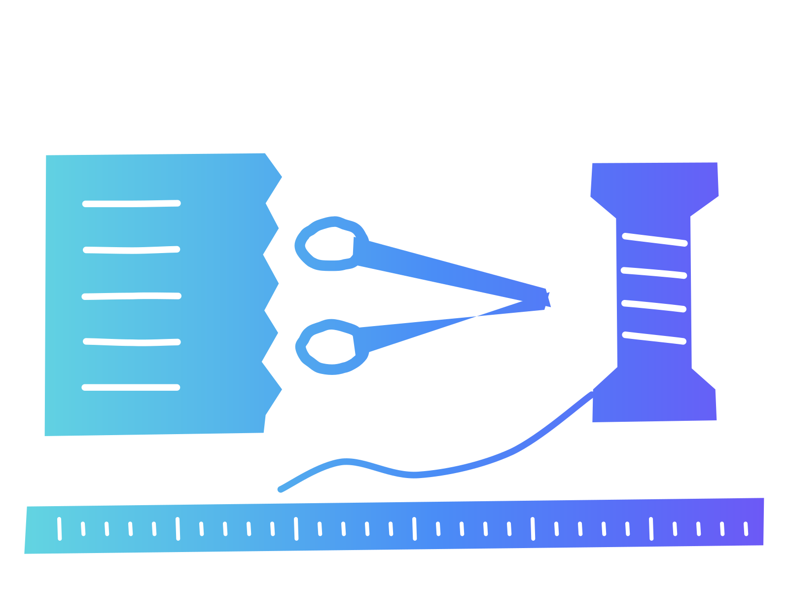 Gradient cut-paper picture of a swatch of cloth with a zigzag edge, open scissors, a spool of thread and a tape measure, standing for tailoring an AI assistant to one job