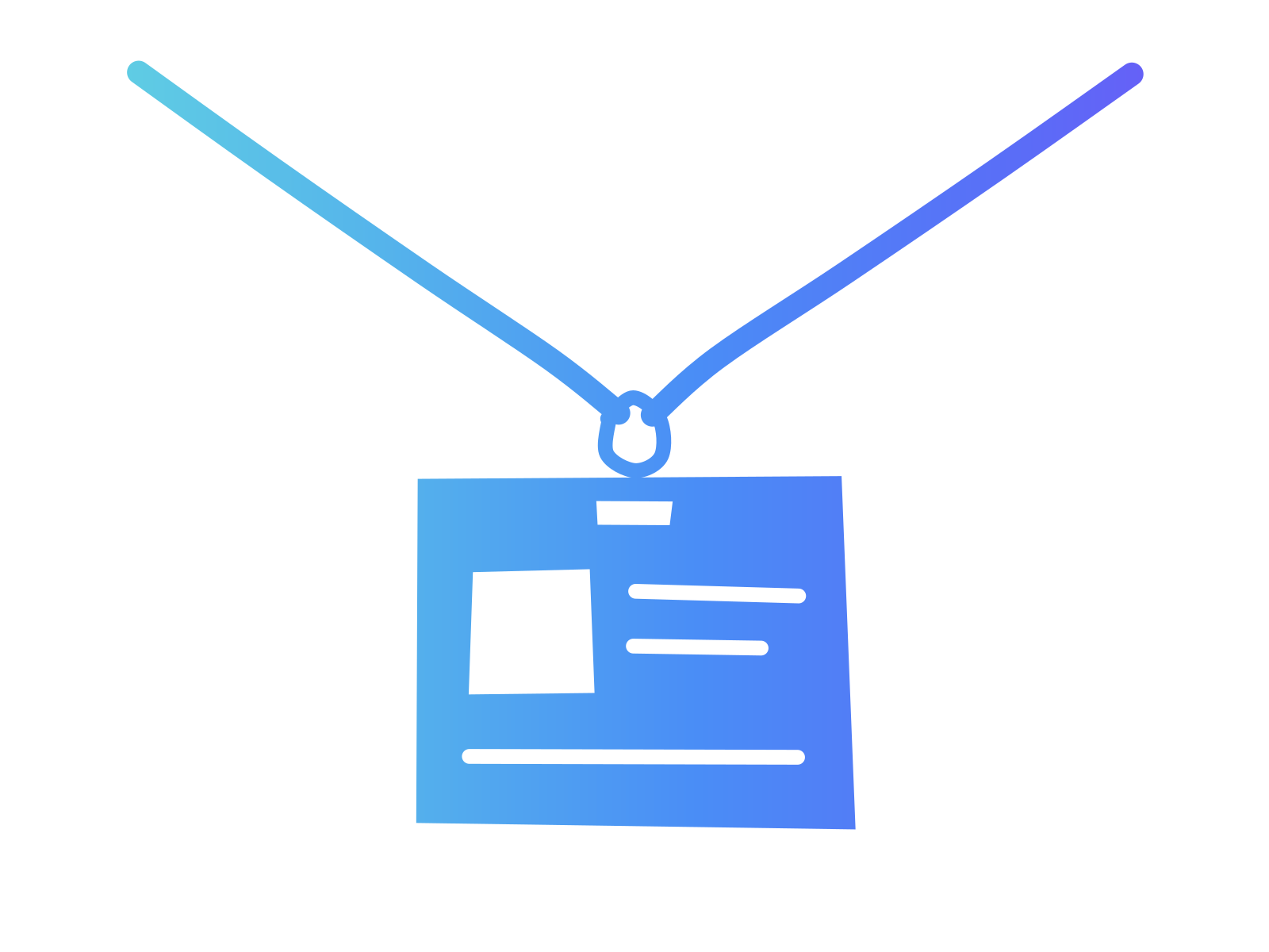 A gradient cut-paper staff ID badge hanging from a wide lanyard that sweeps across the picture, standing for a new hire being brought into the way a business uses AI.