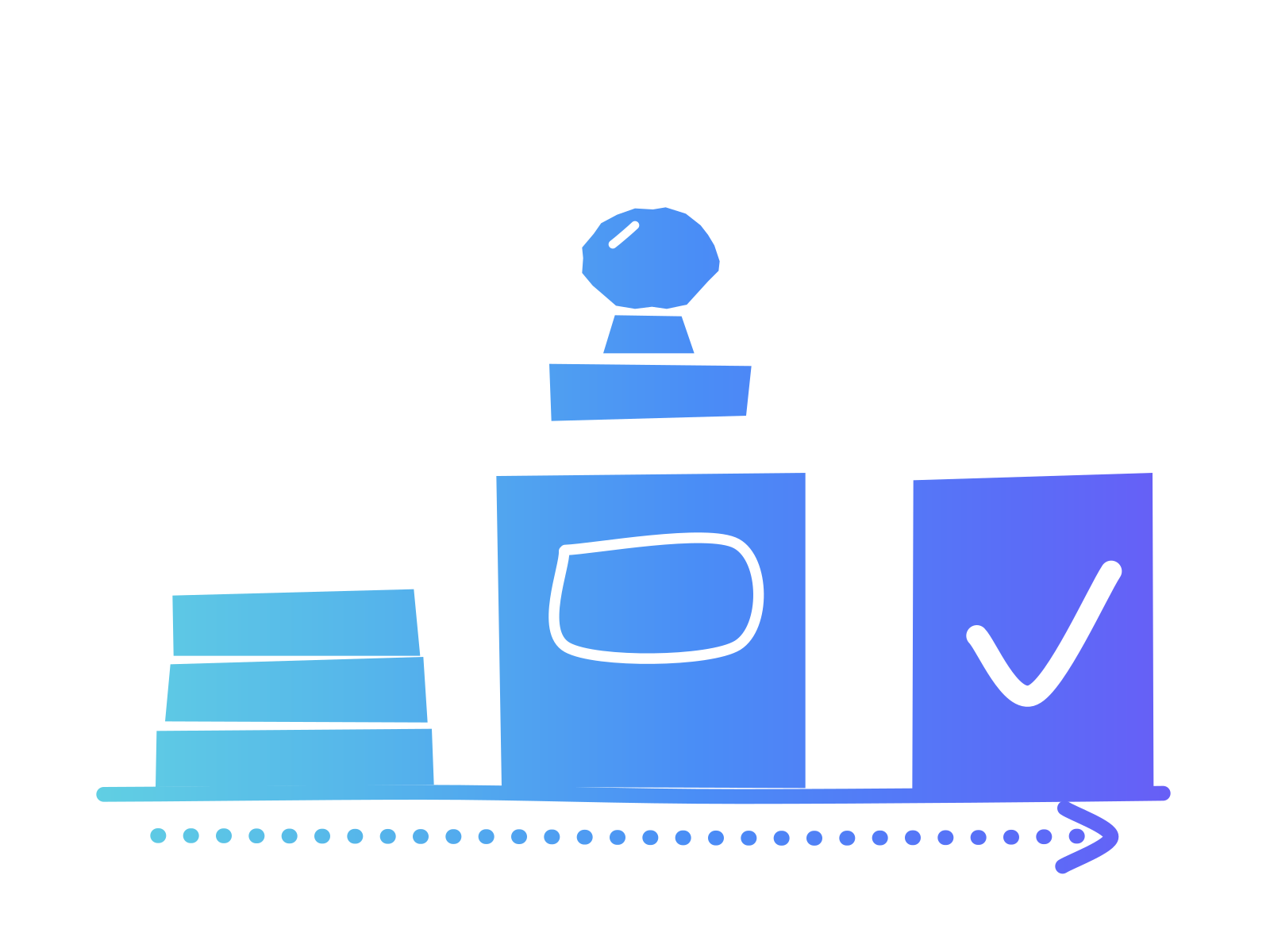 A stack of paper sheets, a rubber stamp over an upright sheet with a stamped box, and a finished sheet with a tick, in a left-to-right gradient, standing for checked answers.