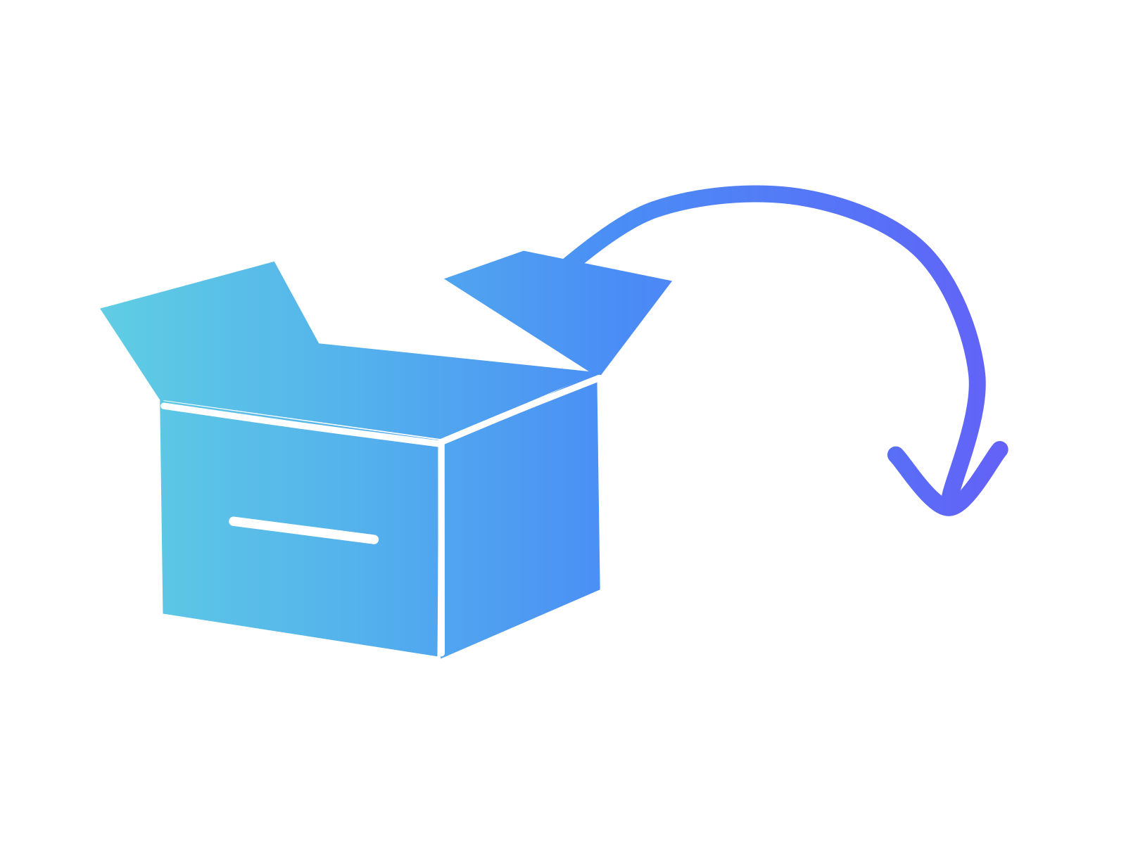 A cut-paper open delivery box in a turquoise-to-violet gradient with a curving arrow leading away from it, standing for handing a chore over to AI.